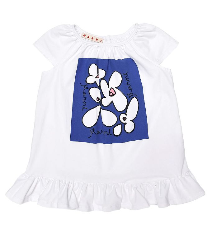 Marni Kjole - Hvid/Blå m. Blomster