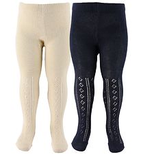 Minymo Strømpebukser - 2-pak - Offwhite/Navy m. Hulmønster Minymo Strømpebukser - 2-pak - Offwhite/Navy m. Hulmønster