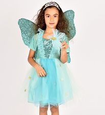 Den Goda Fen Costume - Fairy Dress w. Wings/Magic Wand - Turquoi Den Goda Fen Costume - Fairy Dress w. Wings/Magic Wand - Turquoi