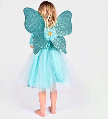 Den Goda Fen Costume - Fairy Dress w. Wings/Magic Wand - Turquoi
