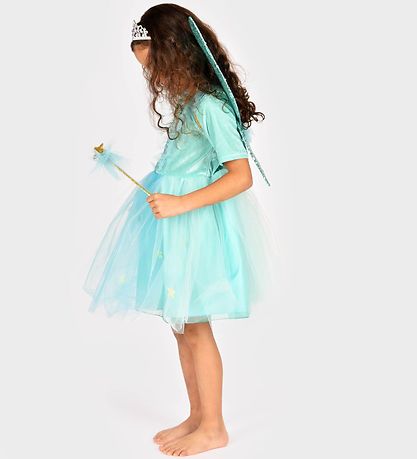 Den Goda Fen Costume - Fairy Dress w. Wings/Magic Wand - Turquoi
