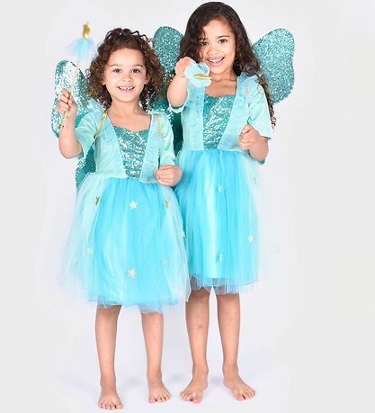 Den Goda Fen Costume - Fairy Dress w. Wings/Magic Wand - Turquoi