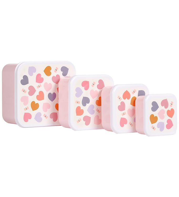 A Little Lovely Company Hearts - Madkasse og Snackbokssæt - 4 stk - pink