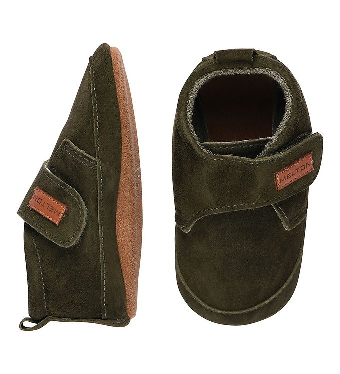 Melton Skindfutter - Suede Slippers m. Velcro - Dark Olive