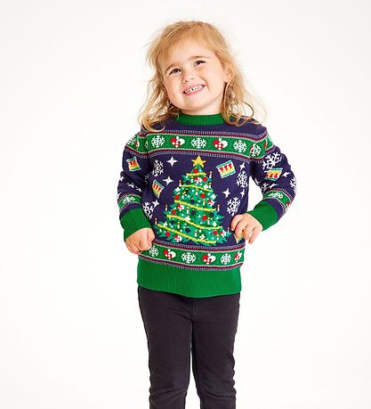 Jule-Sweaters Bluse - Christmas Tree - Strik - Navy/Grøn Jule-Sweaters Bluse - Christmas Tree - Strik - Navy/Grøn