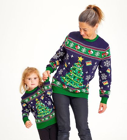 Jule-Sweaters Bluse - Christmas Tree - Strik - Navy/Grøn Jule-Sweaters Bluse - Christmas Tree - Strik - Navy/Grøn