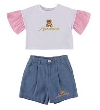 Moschino T-Shirt/Denimshorts - Hvid/Blå m. Logo/Guld Moschino T-Shirt/Denimshorts - Hvid/Blå m. Logo/Guld