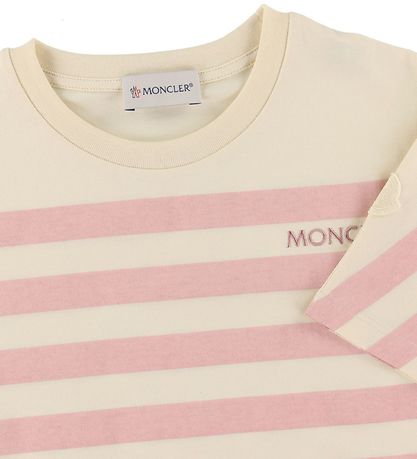 Moncler T-shirt - Cropped - Pink/Cream Striped Moncler T-shirt - Cropped - Pink/Cream Striped
