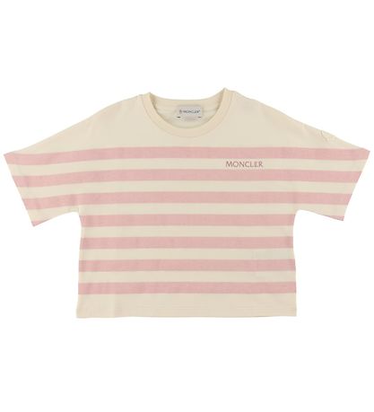 Moncler T-shirt - Cropped - Pink/Cream Striped Moncler T-shirt - Cropped - Pink/Cream Striped