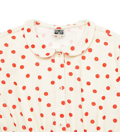 Bonton Kjole - Fløjl - Frida - Creme m. Røde Prikker