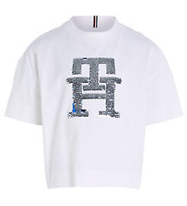 Tommy Hilfiger T-shirt - Monogram Sequins - White m. Palietter Tommy Hilfiger T-shirt - Monogram Sequins - White m. Palietter