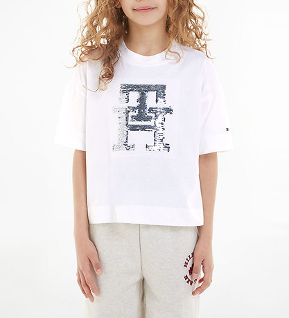Tommy Hilfiger T-shirt - Monogram Sequins - White m. Palietter Tommy Hilfiger T-shirt - Monogram Sequins - White m. Palietter