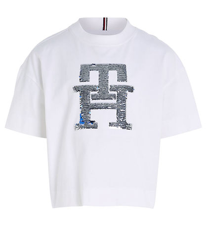 Tommy Hilfiger T-shirt - Monogram Sequins - White m. Palietter Tommy Hilfiger T-shirt - Monogram Sequins - White m. Palietter