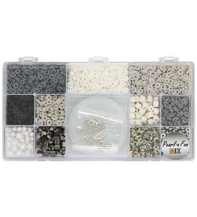 Pearl'n Fun Heishi Fimo Perlemix med Elastiksnor - Sort/Grå/Hvid
