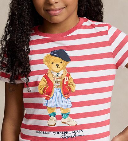 Polo Ralph Lauren T-shirt - Rød/Hvidstribet m. Bamse Polo Ralph Lauren T-shirt - Rød/Hvidstribet m. Bamse
