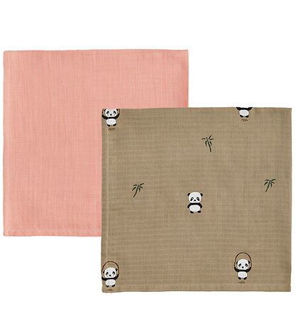 OYOY Muslin Cloths - 70x70cm - Panda - 2-Pack - Khaki/Rose