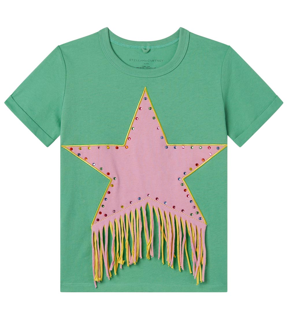 Stella McCartney Kids T-Shirt - Grün/Rosa m. Strassstein/Fransen - Stella McCartney Kids - 5 Jahre (110) - T-Shirts