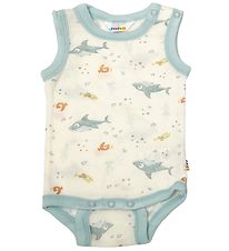 Joha Slå om Body u/æ - Uld - Off White/Støvet Blå m. Fisk