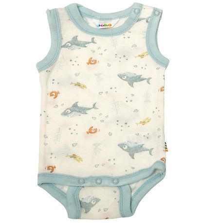 Joha Slå om Body u/æ - Uld - Off White/Støvet Blå m. Fisk