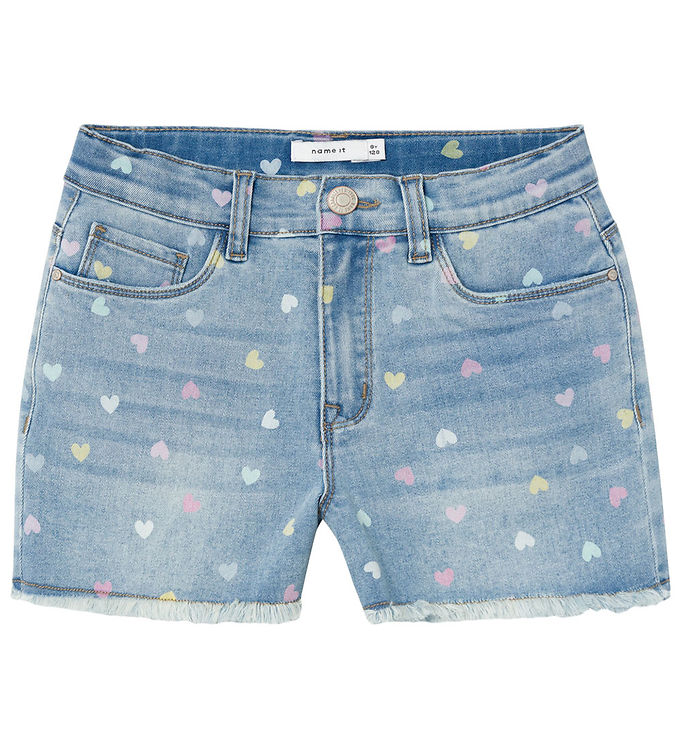 Name It Shorts Medium Blå Denim Med Hjerter - Str. 12y 152cm