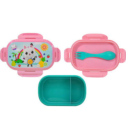 Gabby's Dollhouse Madkasse m. Bestik - Turkis/Rosa m. Pandy plys Gabby's Dollhouse Madkasse m. Bestik - Turkis/Rosa m. Pandy plys