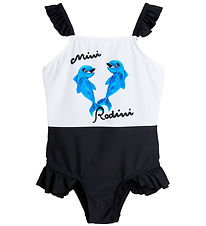 Mini Rodini Badedragt - UV 50+ - Dolphins Frill - Hvid/Sort Mini Rodini Badedragt - UV 50+ - Dolphins Frill - Hvid/Sort