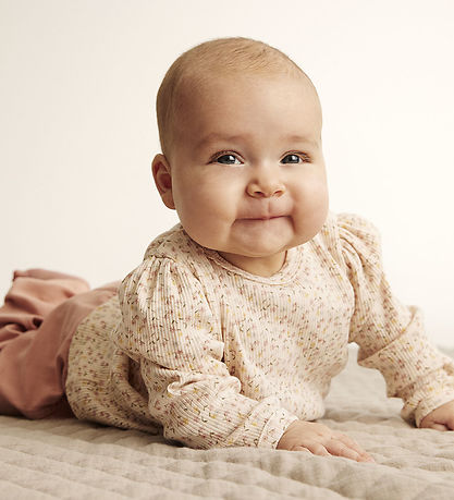 Minymo Bluse - Rib - Pink Champagne m. Blomster Minymo Bluse - Rib - Pink Champagne m. Blomster