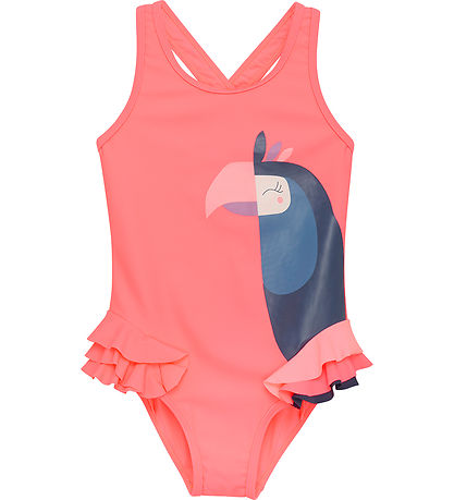 Color Kids Badedragt - Neon Coral m. Papegøje Color Kids Badedragt - Neon Coral m. Papegøje