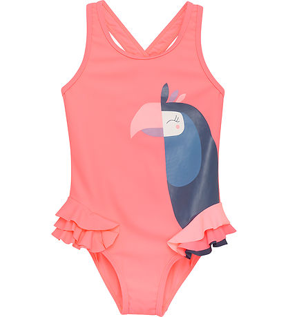 Color Kids Badedragt - Neon Coral m. Papegøje Color Kids Badedragt - Neon Coral m. Papegøje