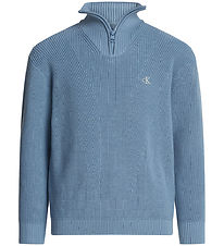 Calvin Klein Bluse - Strik - Rib - Half-Zip Mono - Faded Denim Calvin Klein Bluse - Strik - Rib - Half-Zip Mono - Faded Denim