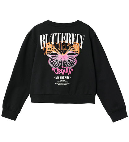 Name It Sweatshirt - Cropped - NkfKastane - Sort m. Sommerfugl Name It Sweatshirt - Cropped - NkfKastane - Sort m. Sommerfugl