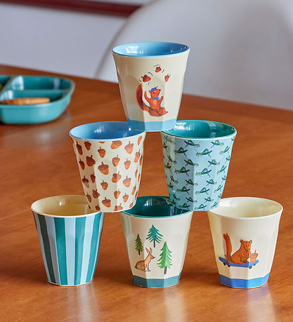 Rice Kopper - Melamin - 6 stk. - 160 ml - Blå/Happy Forest Print Rice Kopper - Melamin - 6 stk. - 160 ml - Blå/Happy Forest Print