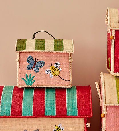 Rice Opbevaringskurv - Ekstra Lille Raffia Hus - Lyserød/Butterf