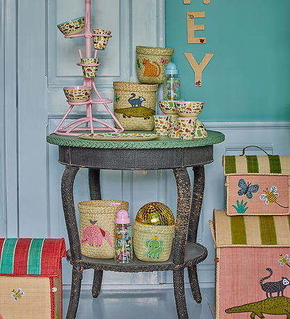 Rice Opbevaringskurv - Ekstra Lille Raffia Hus - Lyserød/Butterf