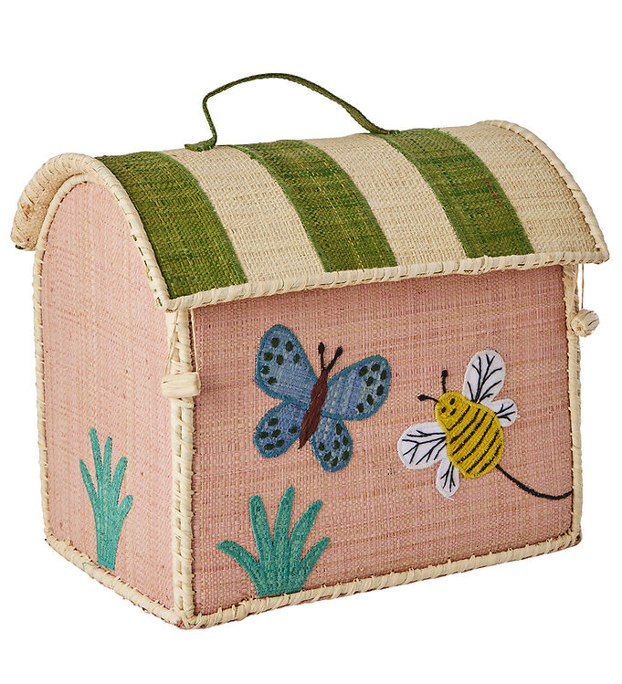 Rice Opbevaringskurv - Ekstra Lille Raffia Hus - Lyserød/Butterf