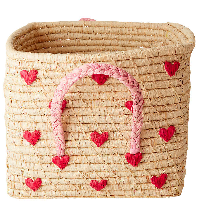 Rice Opbevaringskurv - Raffia - 30x30x25 cm - Natur m. Hjerter