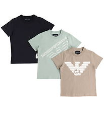Emporio Armani T-shirt - 3-pak - Navy/Brun/Grøn m. Print Emporio Armani T-shirt - 3-pak - Navy/Brun/Grøn m. Print