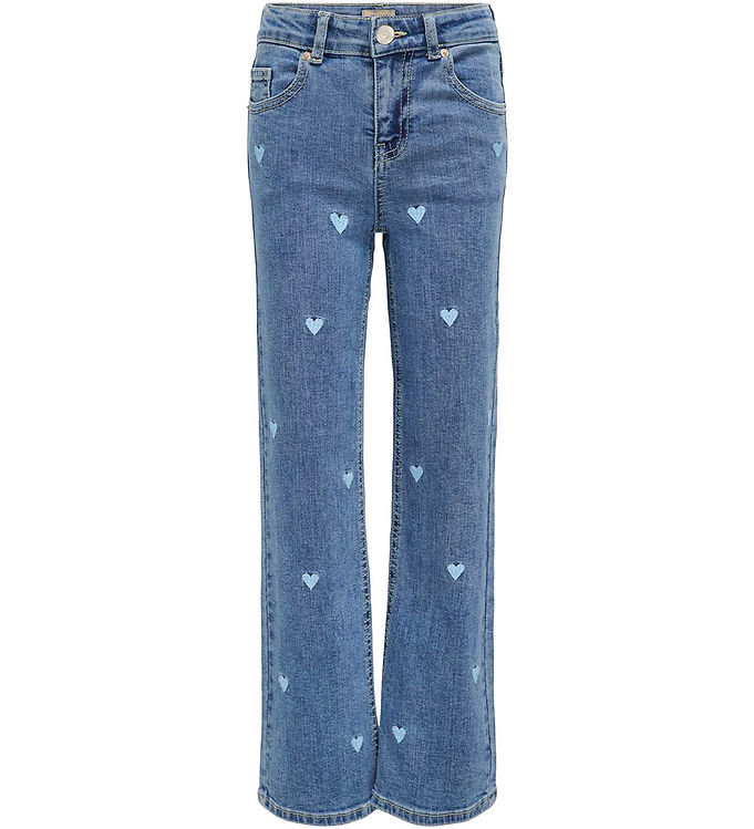 Kids Only Light Medium Blue Denim/embroidered Blue Hearts Wide Jeans - Str. 14y 164cm