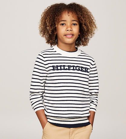 Tommy Hilfiger Bluse - Strik - Monotype - White Base/Blue Stripe Tommy Hilfiger Bluse - Strik - Monotype - White Base/Blue Stripe