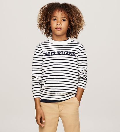 Tommy Hilfiger Bluse - Strik - Monotype - White Base/Blue Stripe Tommy Hilfiger Bluse - Strik - Monotype - White Base/Blue Stripe