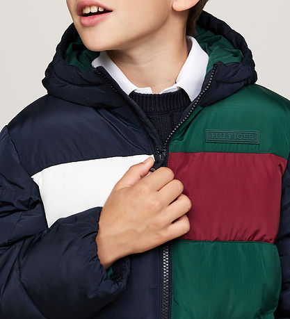 Tommy Hilfiger Dynejakke - Colorblock - Ornamental Green/Rouge/B