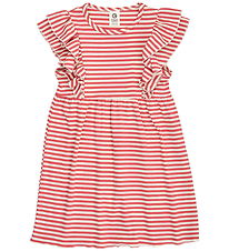Müsli Kjole - Rib - Stripe Ruffle - Mineral Red/Tofu