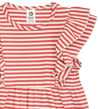 Müsli Kjole - Rib - Stripe Ruffle - Mineral Red/Tofu