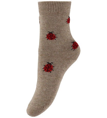 Fuzzies Socks - 2-Pack - Beige Melange w. Ladybugs