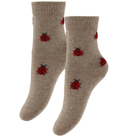 Fuzzies Socks - 2-Pack - Beige Melange w. Ladybugs