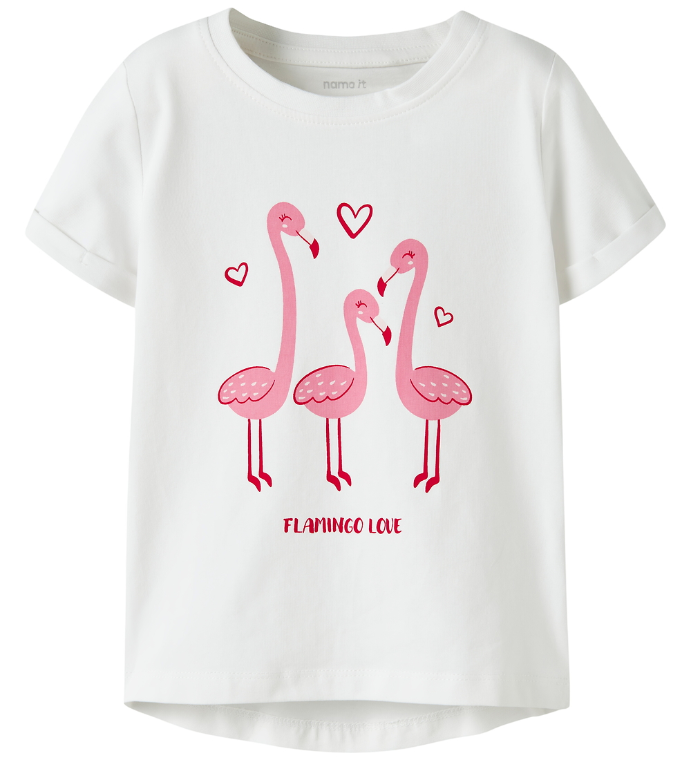 Name It T-Shirt - NmfVix - Bright White/Flamingo Love - Name It - 2 Jahre (92) - T-Shirts