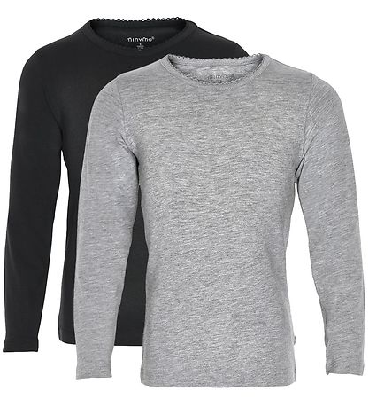 Minymo Bluse - 2-pak - Sort/Gråmeleret m. Blonde