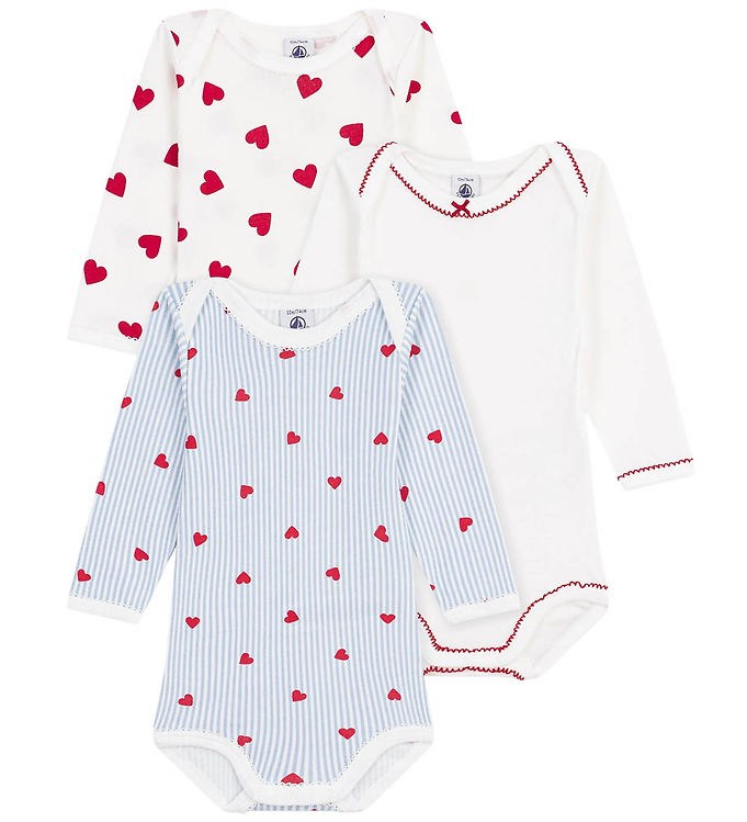 Petit Bateau Bodyer l/æ - 3-pak - Blå/Hvid/Rød