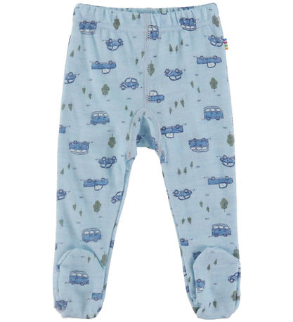 Joha Leggings m. Fødder - Uld - Blå m. Biler