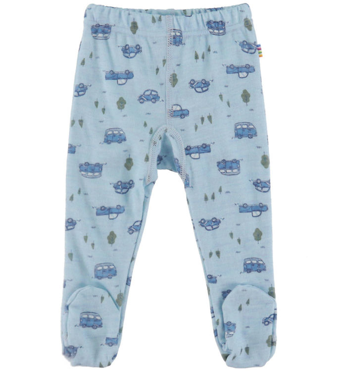Joha Leggings m. Fødder - Uld - Blå m. Biler